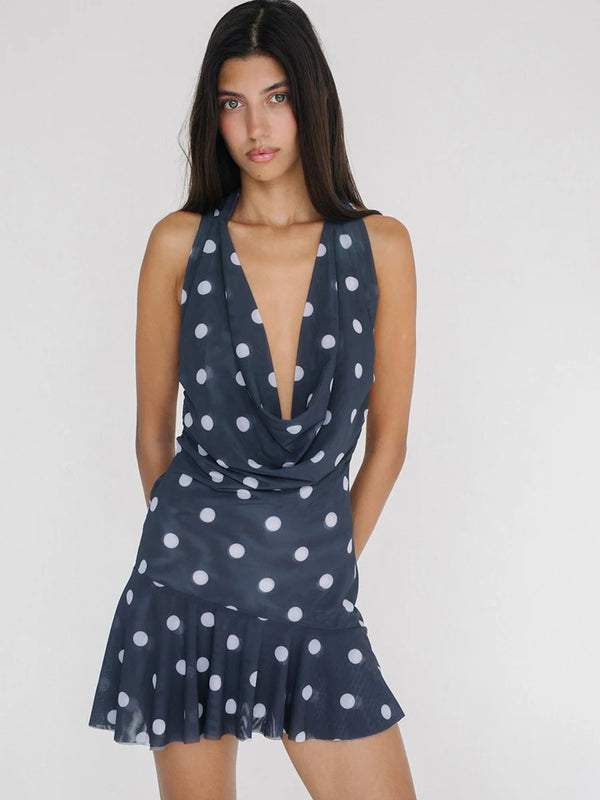 Sexy Deep V Neck Printed Polka Dot Halter Mini Dress for Women Elegant Summer Party Outfits